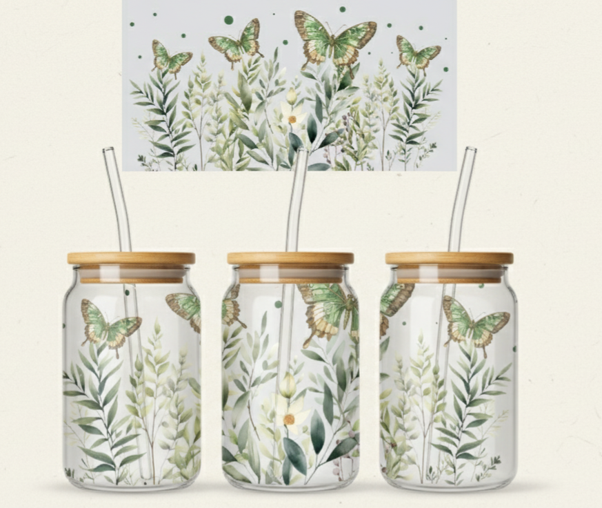 Butterfly Mason Jar Design – Green Nature Artwork with Leaves – 16oz UV Sticker