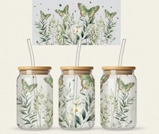 Butterfly Mason Jar Design – Green Nature Artwork with Leaves – 16oz UV Sticker