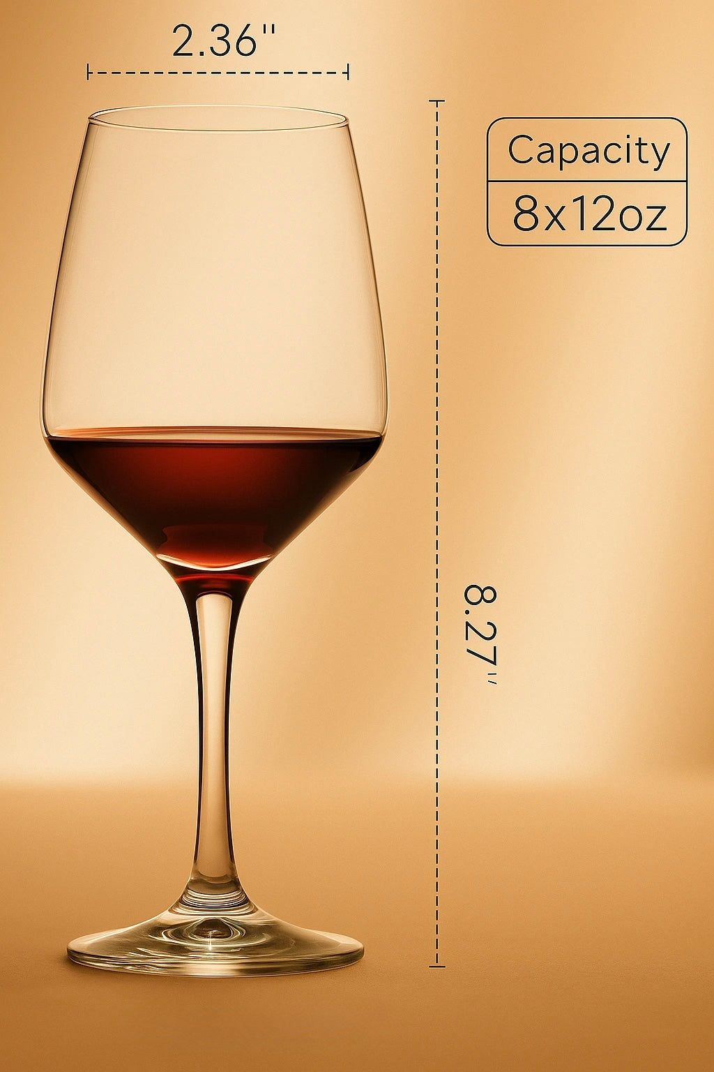 Wine glass with measurements and capacity details on a beige background