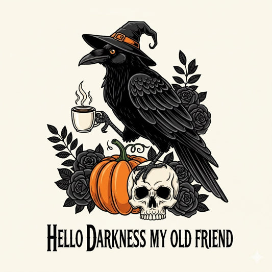 Hello Darkness My Old Friend Design – Gothic Raven & Coffee Halloween Artwork