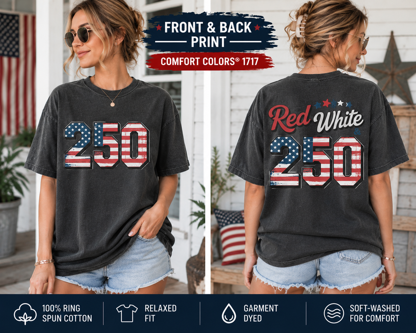 America 250th Anniversary Shirt, Patriotic Front And Back Tee, Red White And 250 Graphic Shirt
