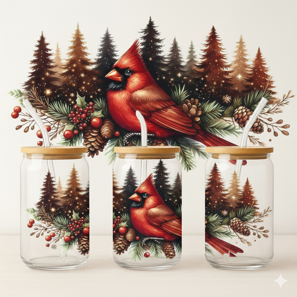 Christmas Cardinal Bird Mason Jar Design – Festive Holiday Artwork – 16oz