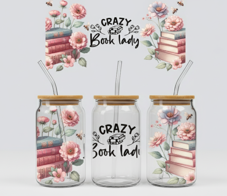 Crazy Book Lady – Floral Reading Lover 16oz UV Sticker
