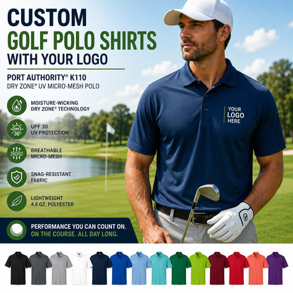 Custom golf polo shirt with logo worn on a golf course featuring the Port Authority K110 performance polo.