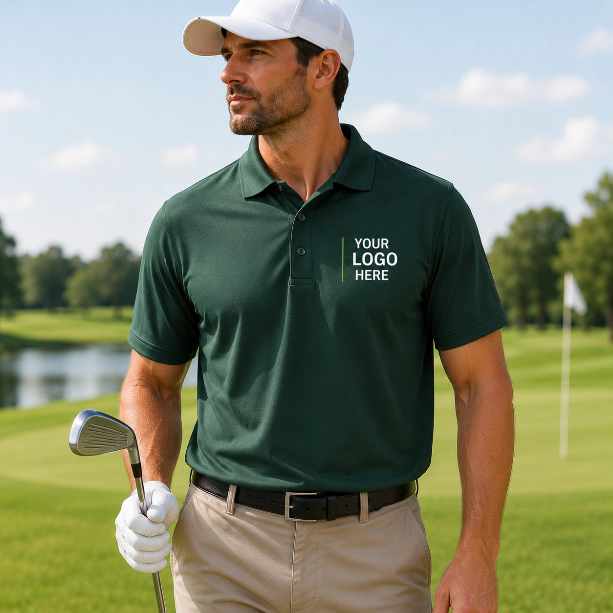 Golfer wearing a custom logo golf polo shirt featuring the Port Authority K110 performance polo on the course.