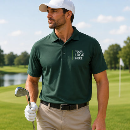 Golfer wearing a custom logo golf polo shirt featuring the Port Authority K110 performance polo on the course.