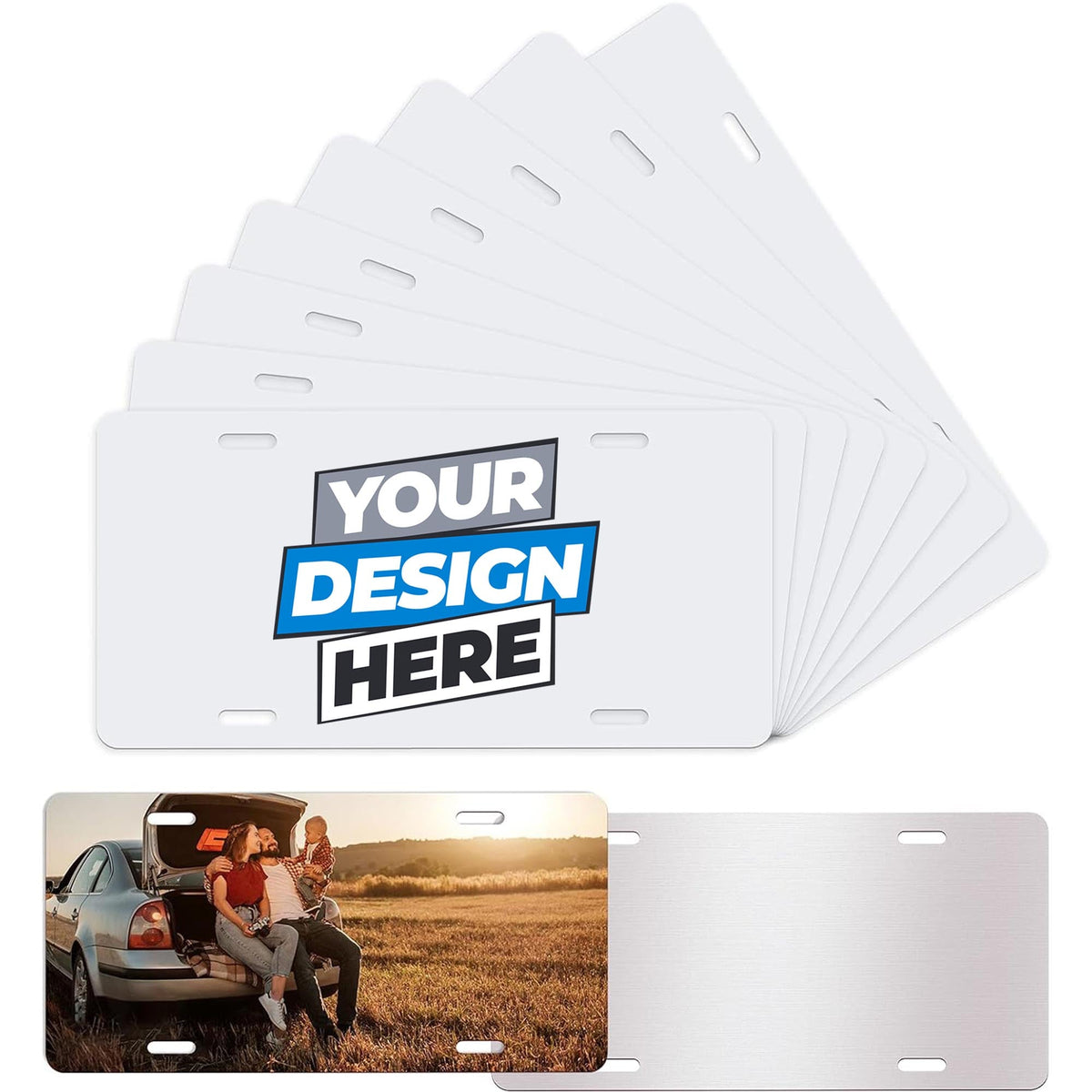Custom printed aluminum license plate showing a personalized design, 12 by 6 inches