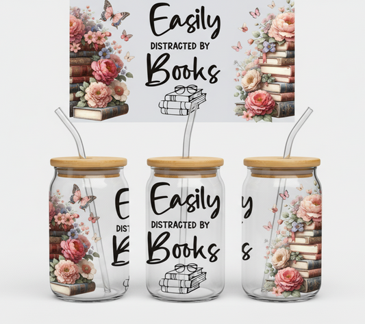Easily Distracted by Books – Floral Reading 16oz UV Sticker