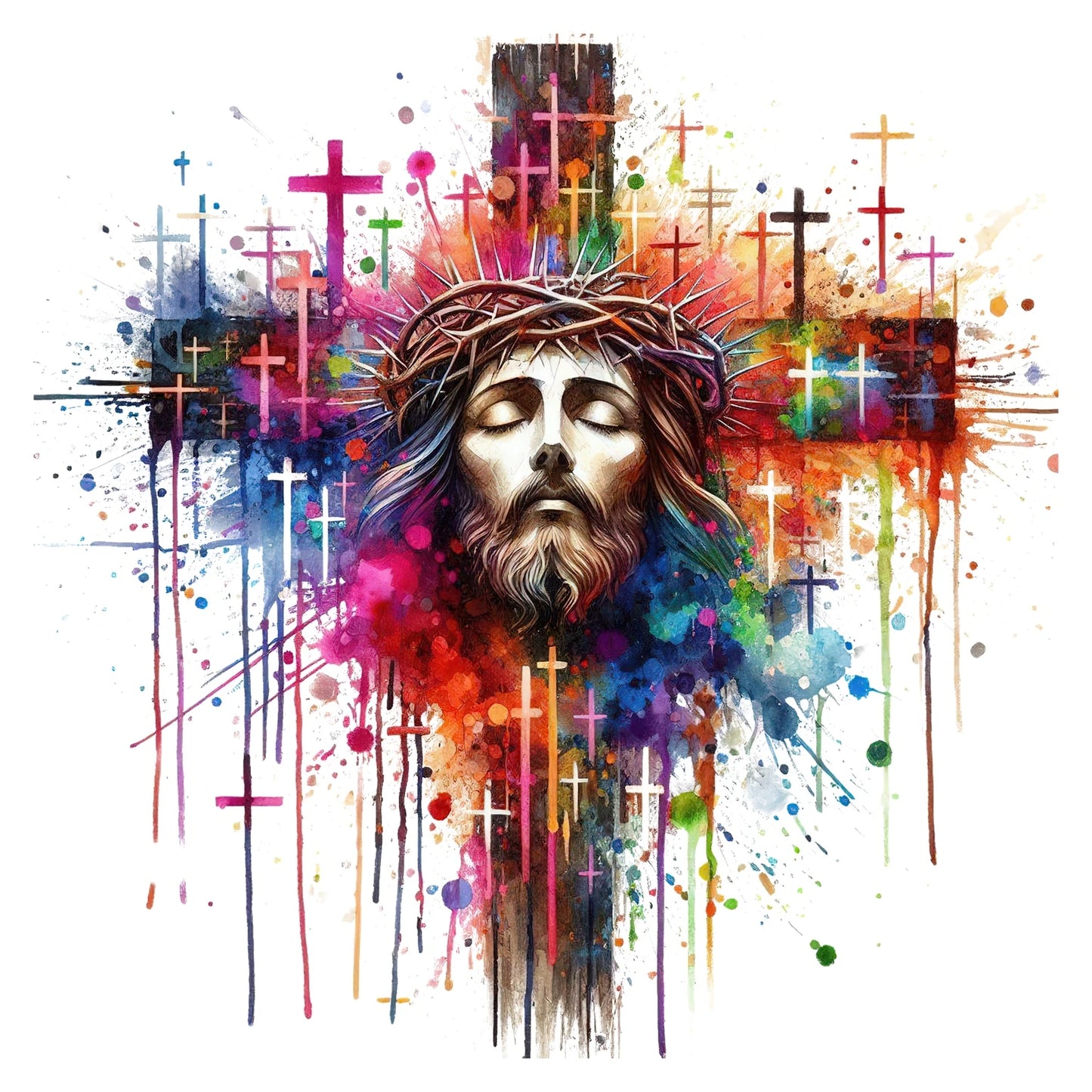 Jesus Crown of Thorns Design – Colorful Cross Watercolor Artwork