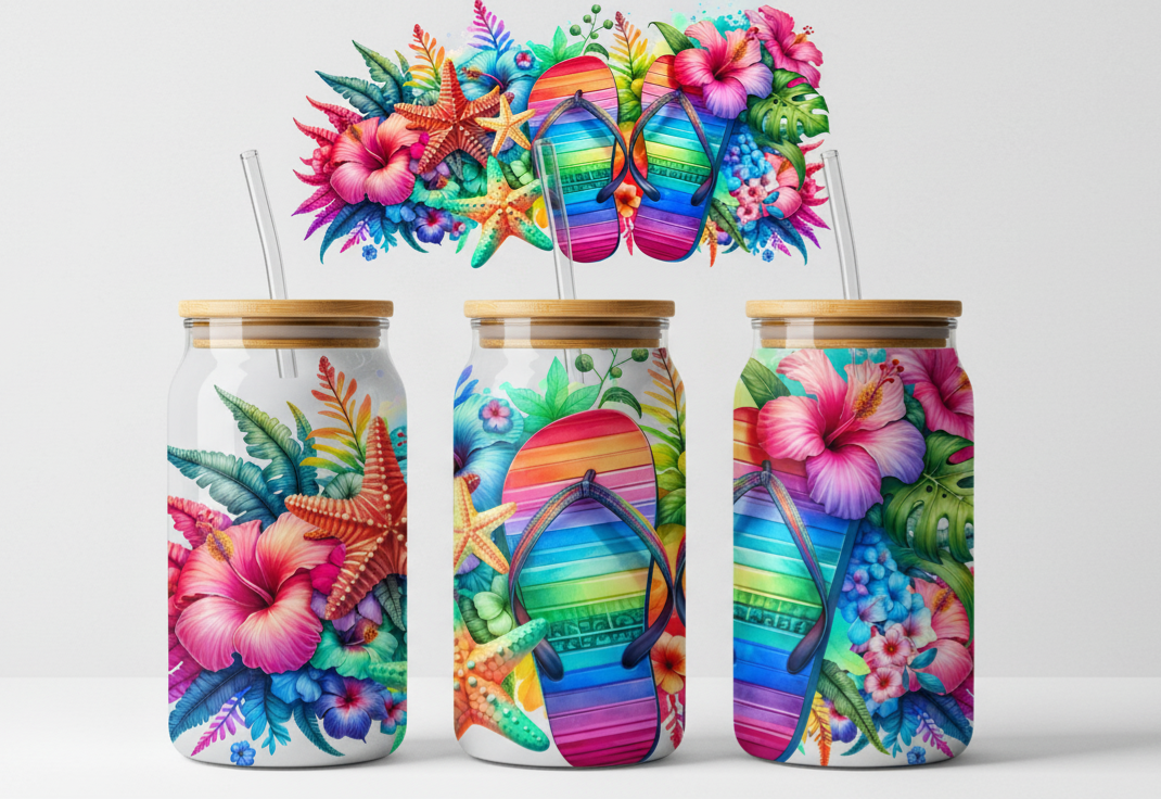 Tropical Flip Flops & Hibiscus – Summer Vibes 16oz UV Sticker