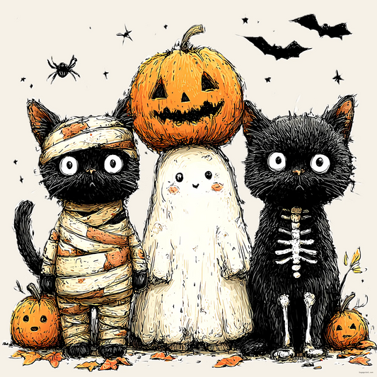 Halloween Cats Trio – Ghost, Mummy & Skeleton Pumpkin