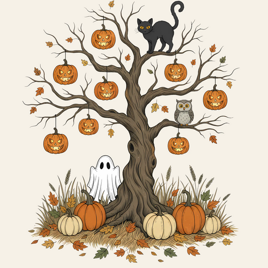 Halloween Haunted Tree – Black Cat, Ghost, Owl & Pumpkin Design