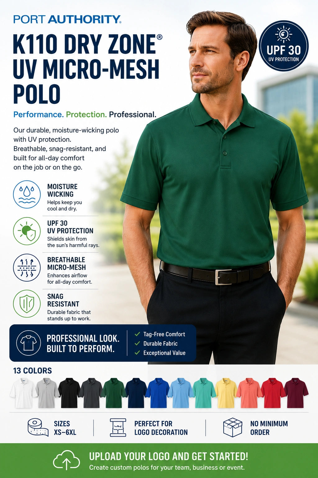 Custom business polo shirts with logo featuring the Port Authority K110 performance polo for company uniforms and professional workwear.