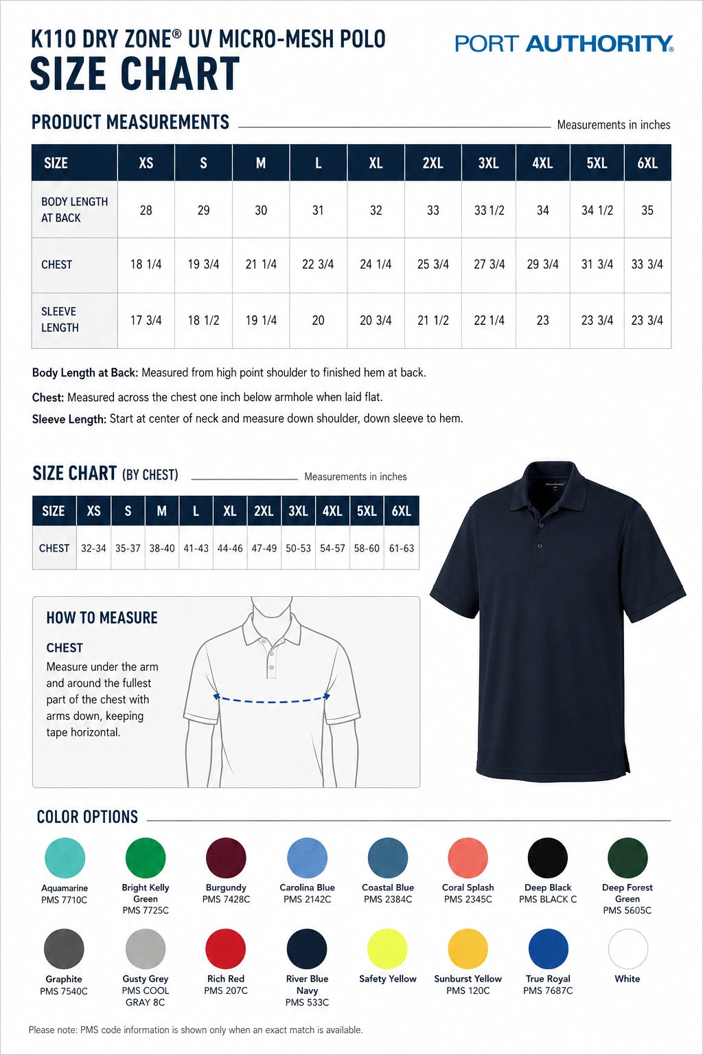 Port Authority K110 golf polo size chart with chest width sleeve length and body length measurements.