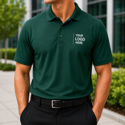 Professional wearing a custom logo polo shirt featuring the Port Authority K110 performance polo.
