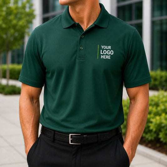 Professional wearing a custom logo polo shirt featuring the Port Authority K110 performance polo.