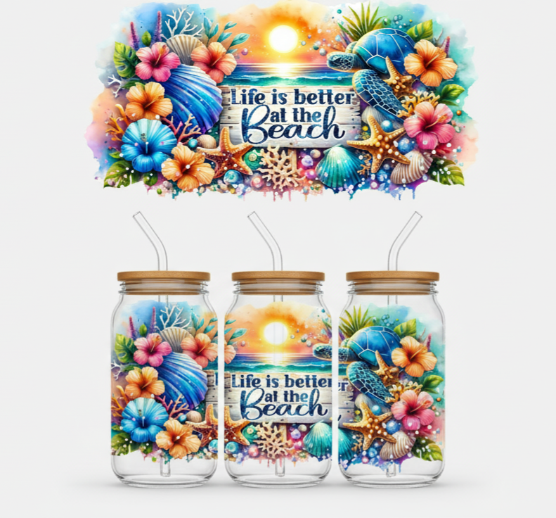Life is Better at the Beach – Tropical Ocean 16oz UV Sticker