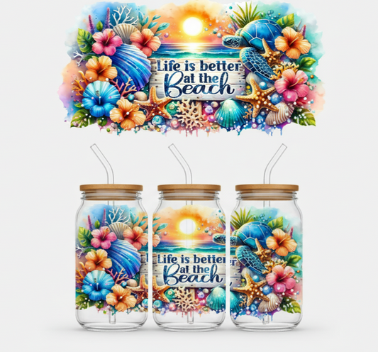 Life is Better at the Beach – Tropical Ocean 16oz UV Sticker