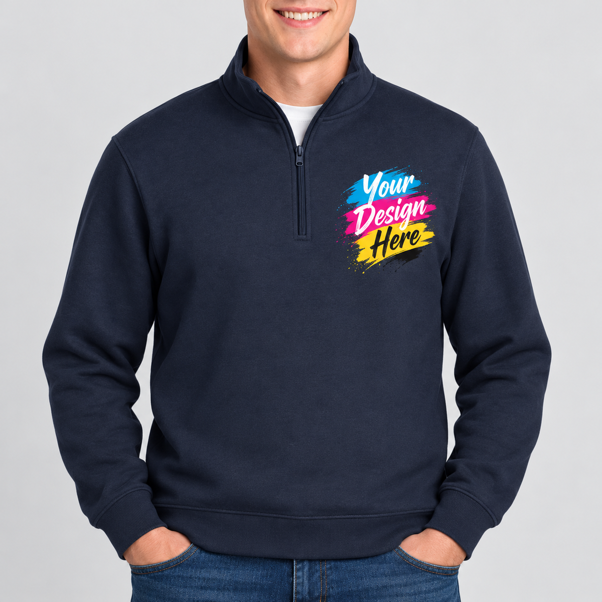 Sport-Tek ST253 quarter-zip sweatshirt product mockup in True Navy with left chest "Your Design Here" print