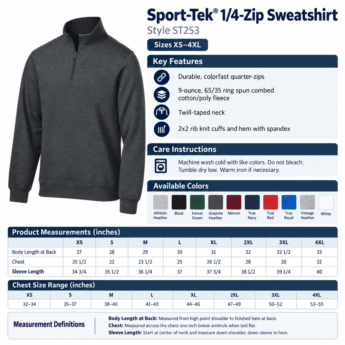 Sport-Tek ST253 1/4-zip sweatshirt infographic showing key features, care instructions, available colors, and size measurements