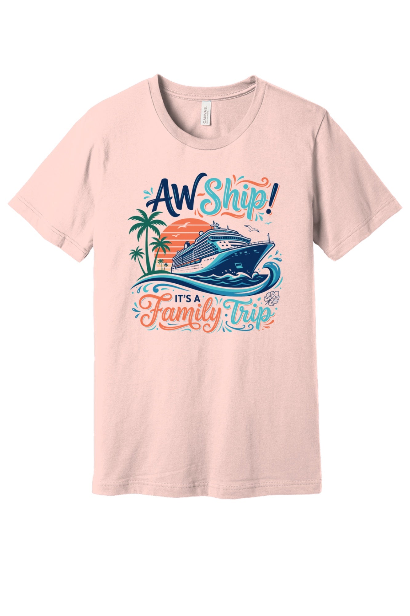 Aw Ship It's a Family Trip cruise graphic tee on BELLA+CANVAS 3001 unisex short sleeve shirt in Bc3001 Softpink Flat Front