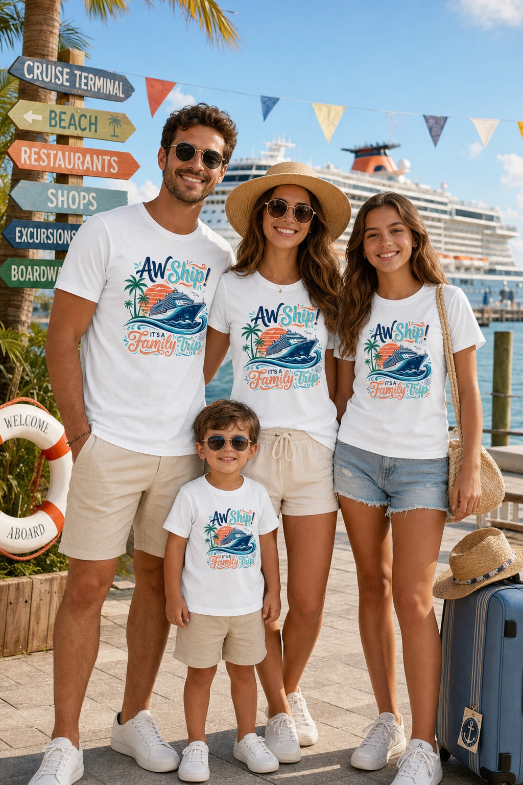 Aw Ship It's a Family Trip cruise graphic tee on BELLA+CANVAS 3001 unisex short sleeve shirt worn by a model