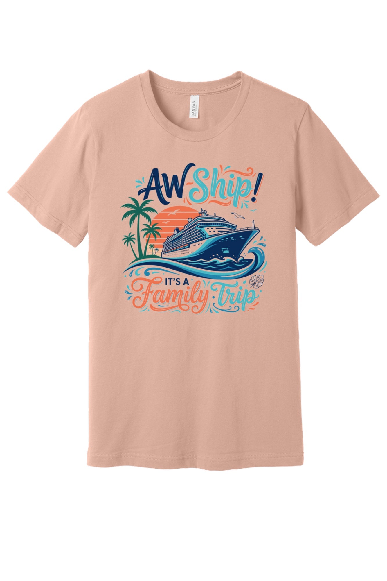 Aw Ship It's a Family Trip cruise graphic tee on BELLA+CANVAS 3001 unisex short sleeve shirt in Peach