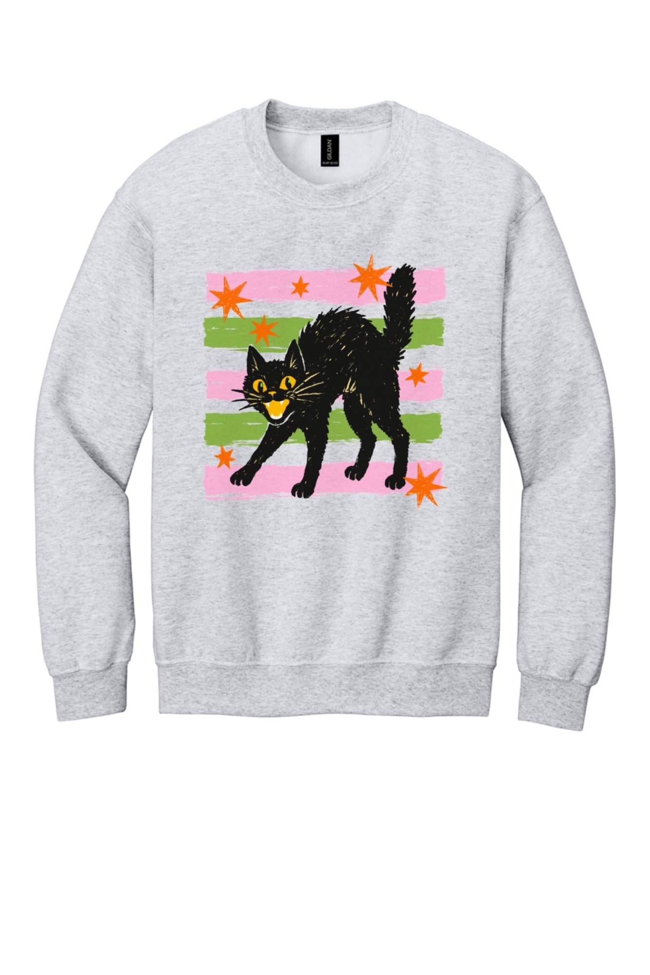 DTF-printed retro hissing black cat with orange stars Halloween crewneck sweatshirt on Sport Grey in Ash