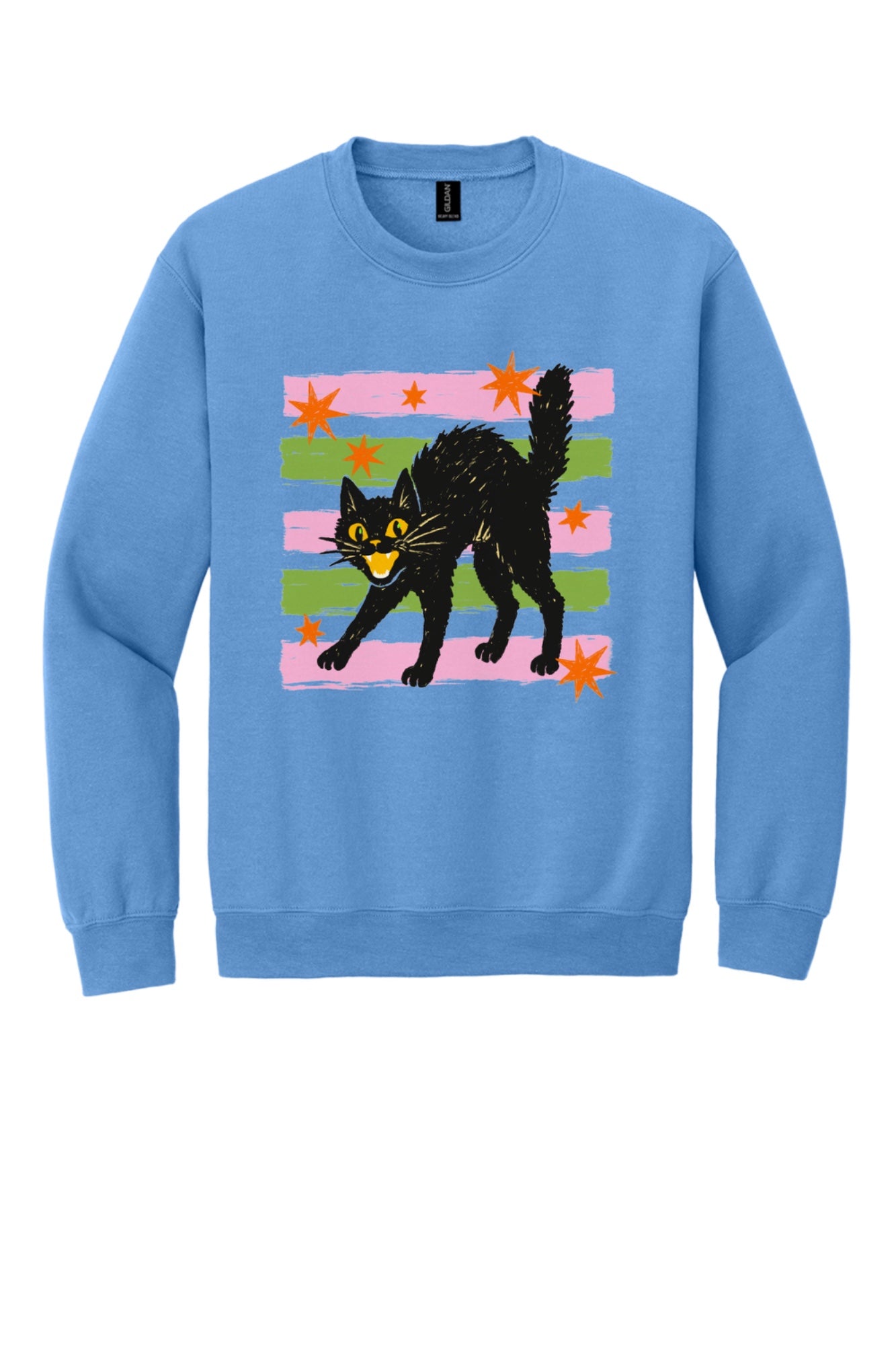 DTF-printed retro hissing black cat with orange stars Halloween crewneck sweatshirt on Sport Grey in Carolina Blue