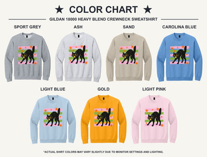 DTF-printed retro hissing black cat with orange stars Halloween crewneck sweatshirt on Sport Grey - available shirt colors chart