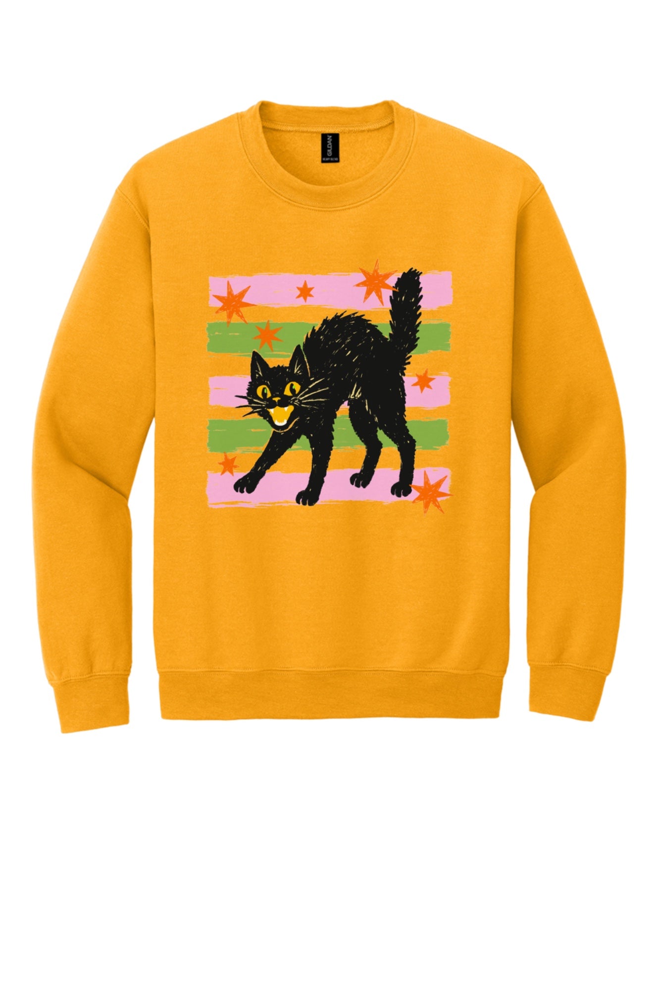 DTF-printed retro hissing black cat with orange stars Halloween crewneck sweatshirt on Sport Grey in Gold