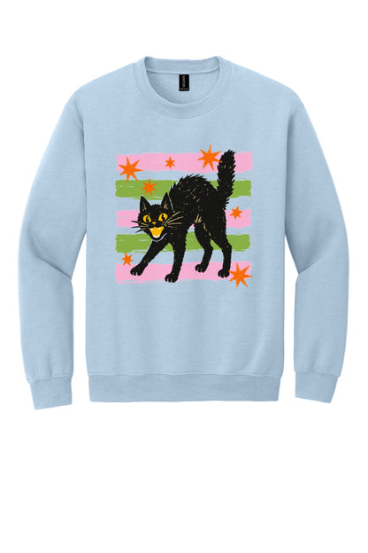 DTF-printed retro hissing black cat with orange stars Halloween crewneck sweatshirt on Sport Grey in Light Blue