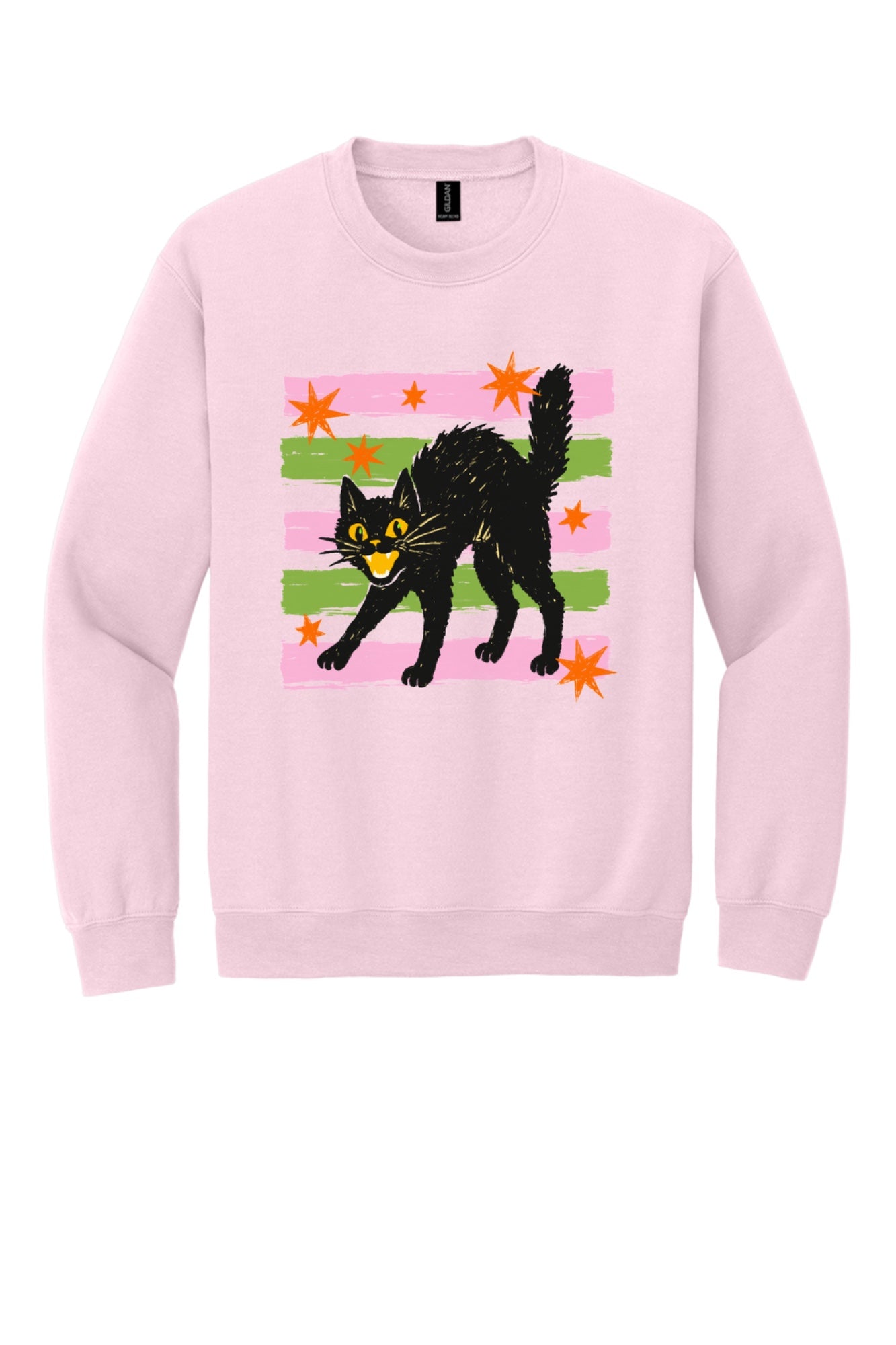 DTF-printed retro hissing black cat with orange stars Halloween crewneck sweatshirt on Sport Grey in Light Pink