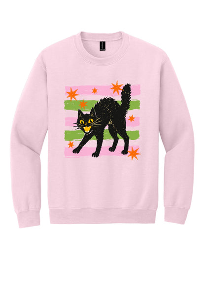 DTF-printed retro hissing black cat with orange stars Halloween crewneck sweatshirt on Sport Grey in Light Pink