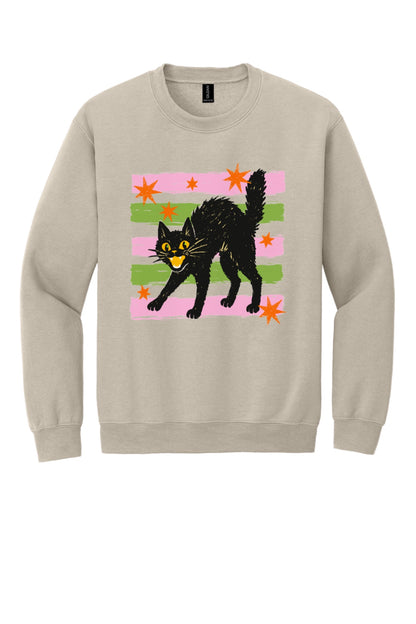 DTF-printed retro hissing black cat with orange stars Halloween crewneck sweatshirt on Sport Grey in Sand