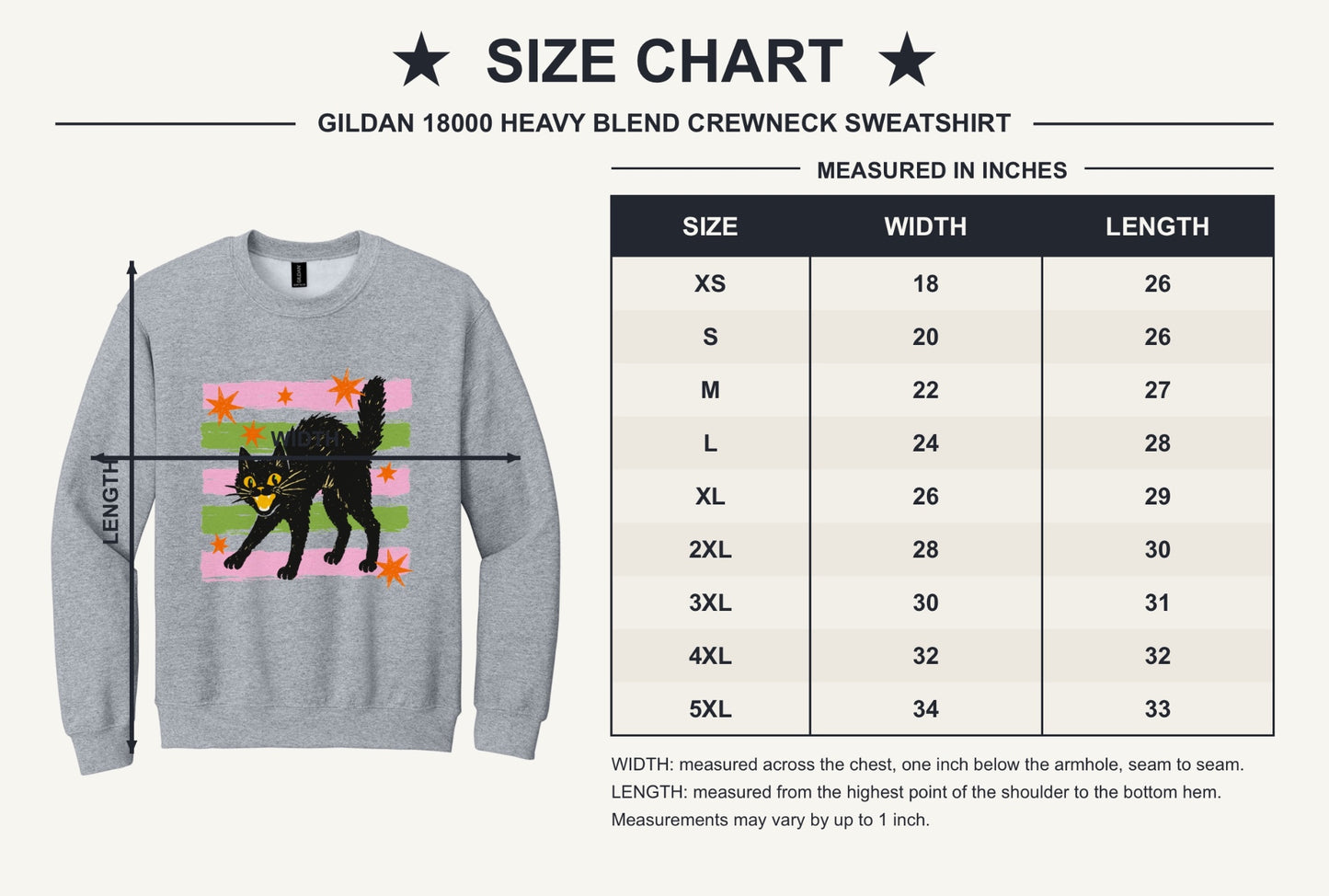 DTF-printed retro hissing black cat with orange stars Halloween crewneck sweatshirt on Sport Grey - size chart