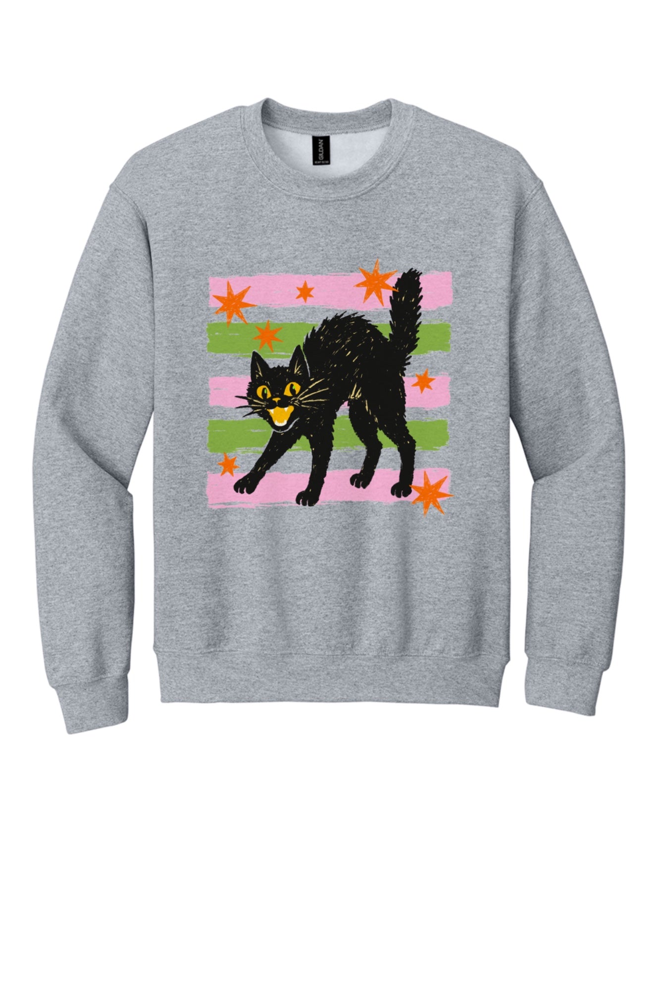 DTF-printed retro hissing black cat with orange stars Halloween crewneck sweatshirt on Sport Grey in Sport Grey