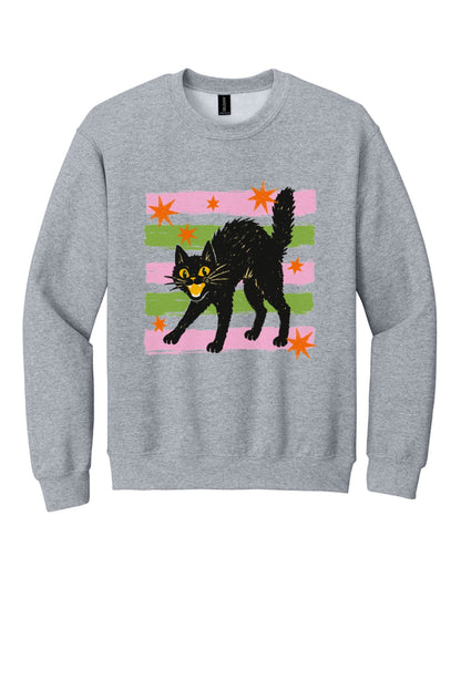 DTF-printed retro hissing black cat with orange stars Halloween crewneck sweatshirt on Sport Grey in Sport Grey