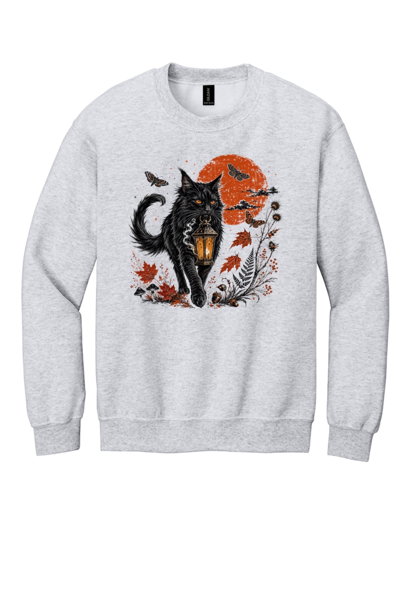 Black cat carrying glowing lantern Halloween crewneck sweatshirt with harvest moon moths and autumn botanicals, DTF print in Ash