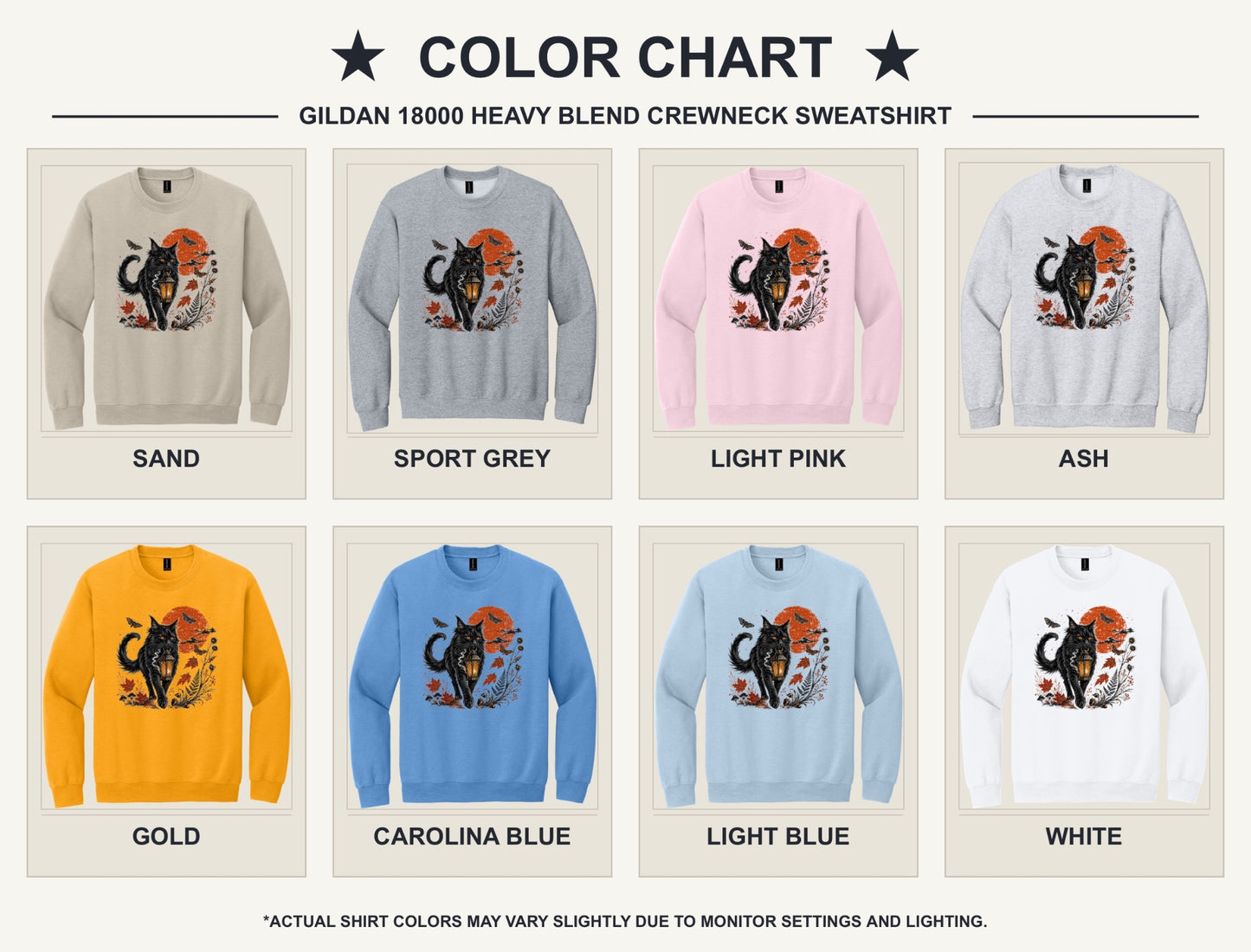 Black cat carrying glowing lantern Halloween crewneck sweatshirt with harvest moon moths and autumn botanicals, DTF print - available shirt colors chart