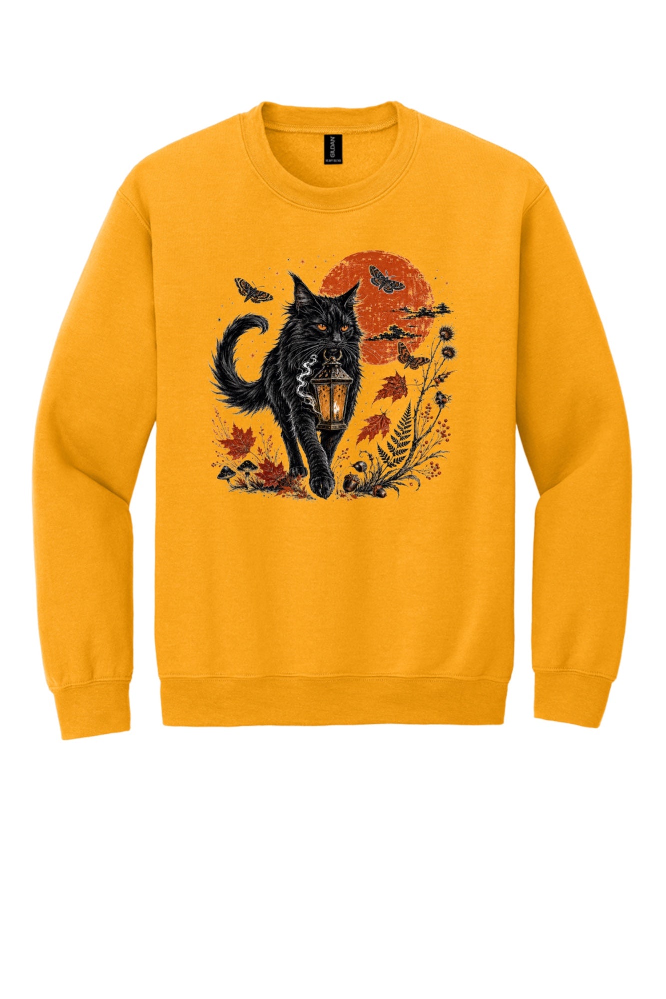 Black cat carrying glowing lantern Halloween crewneck sweatshirt with harvest moon moths and autumn botanicals, DTF print in Gold