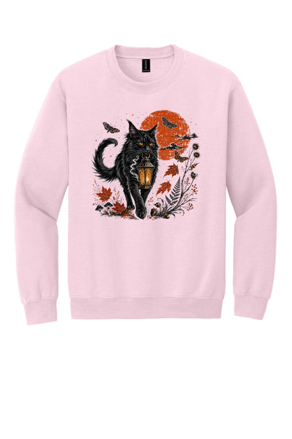 Black cat carrying glowing lantern Halloween crewneck sweatshirt with harvest moon moths and autumn botanicals, DTF print in Light Pink