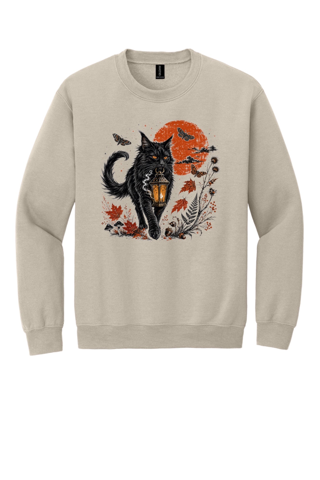 Black cat carrying glowing lantern Halloween crewneck sweatshirt with harvest moon moths and autumn botanicals, DTF print in Sand