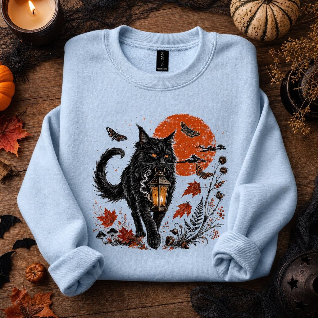 Black cat carrying glowing lantern Halloween crewneck sweatshirt with harvest moon moths and autumn botanicals, DTF print, styled flat lay, no model