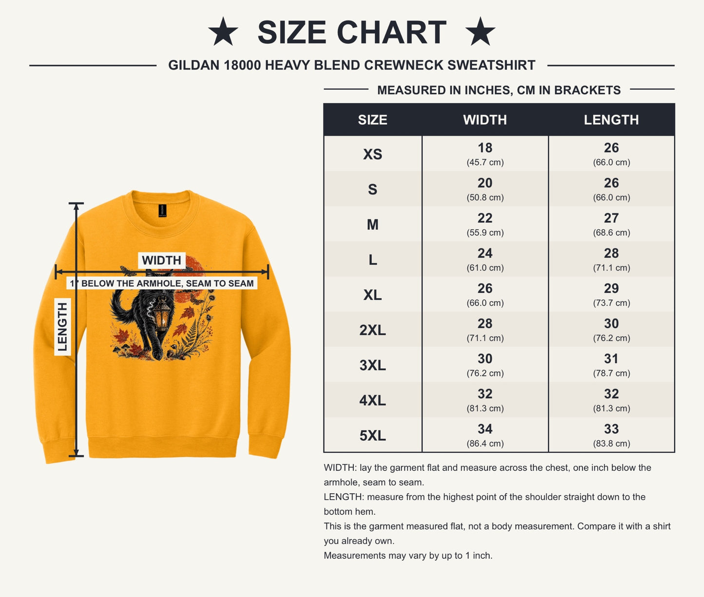 Black cat carrying glowing lantern Halloween crewneck sweatshirt with harvest moon moths and autumn botanicals, DTF print - size chart