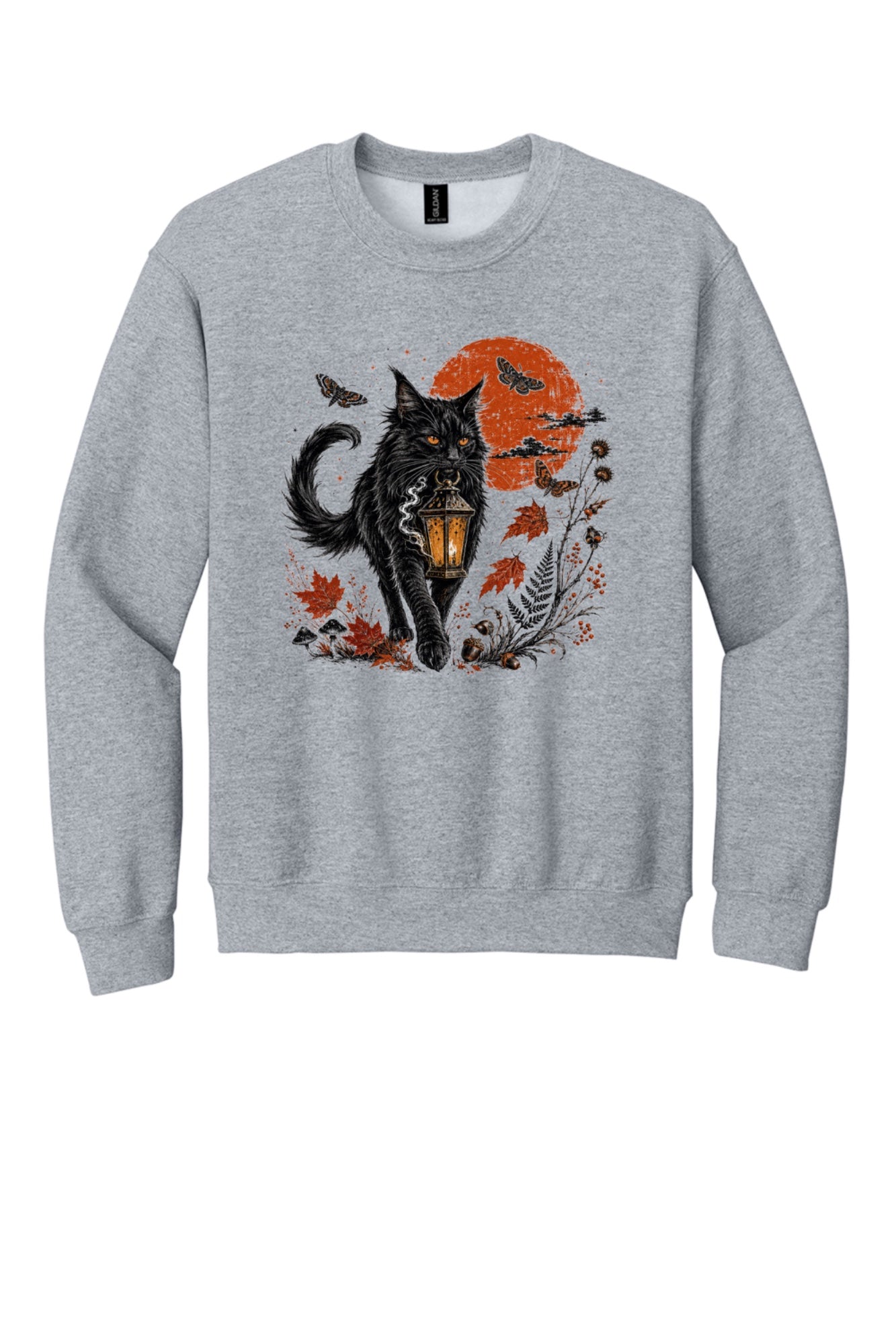Black cat carrying glowing lantern Halloween crewneck sweatshirt with harvest moon moths and autumn botanicals, DTF print in Sport Grey
