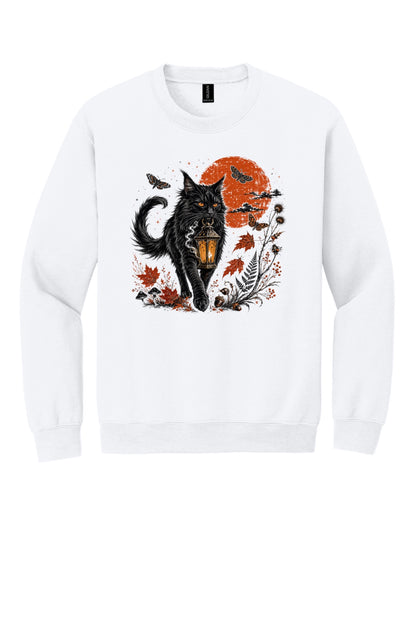 Black cat carrying glowing lantern Halloween crewneck sweatshirt with harvest moon moths and autumn botanicals, DTF print in White