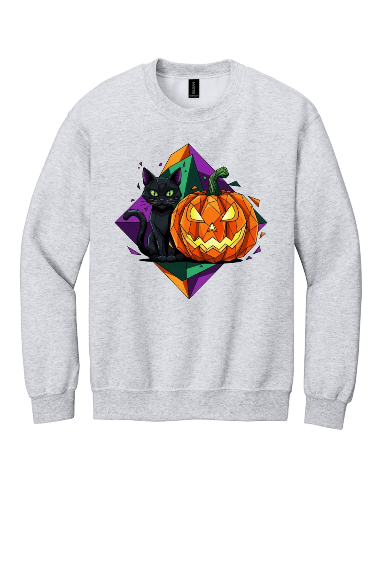 Black cat and jack-o-lantern low poly Halloween art printed on a crewneck sweatshirt in Ash
