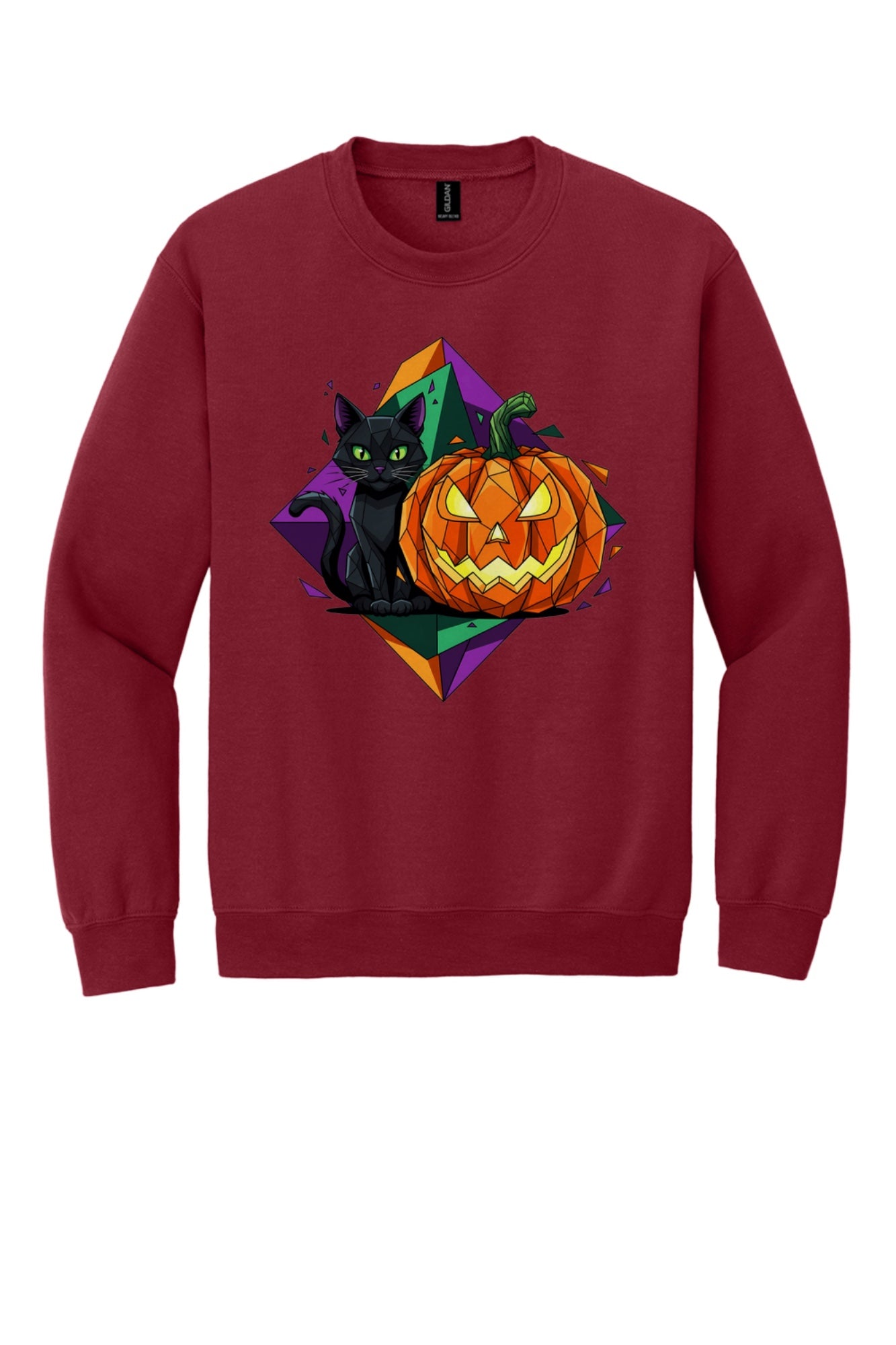 Black cat and jack-o-lantern low poly Halloween art printed on a crewneck sweatshirt in Cardinal Red