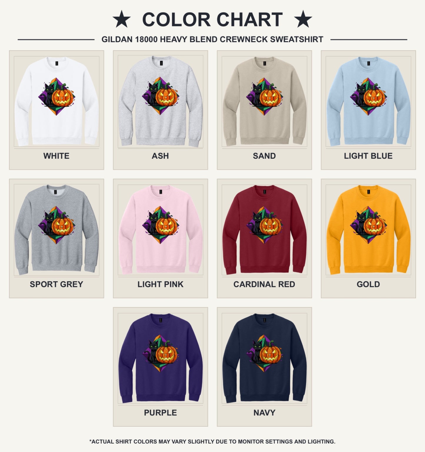 Black cat and jack-o-lantern low poly Halloween art printed on a crewneck sweatshirt - available shirt colors chart